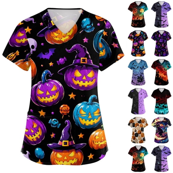 Halloween Scrub Tops Women Print Plus Size Scrubs for Women,Stretchy Nursing Pediatric Uniforms Shirts with Pockets