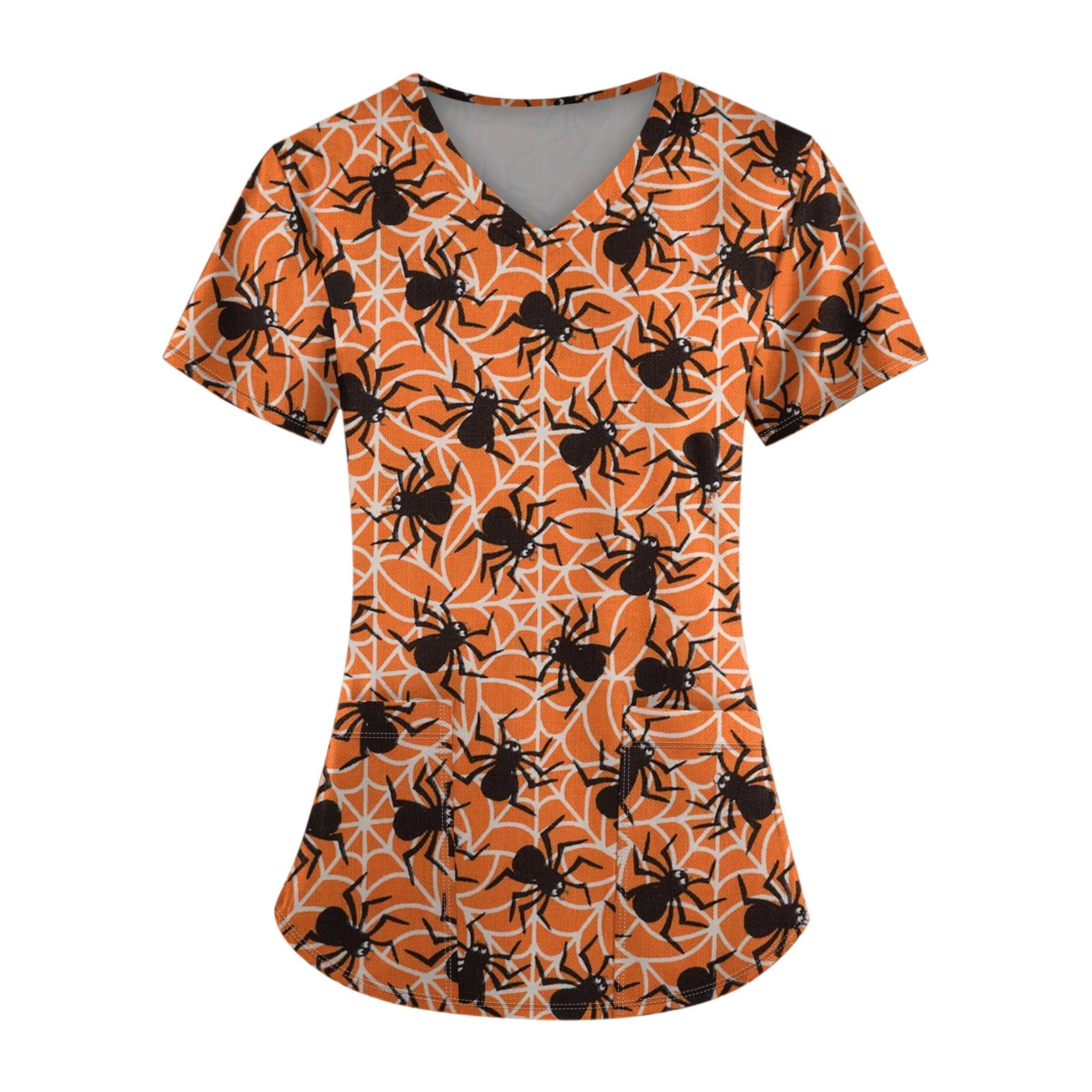 Halloween Scrub Tops Women Print Pumpkins Bats Printed VNeck Plus Size