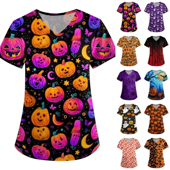 Halloween Scrub Tops for Women Pumpkin Castle Graphic V-Neck Scary Holiday Scrubs Top Ghost Print Short Sleeve Horror Medical Scrub Shirts with Pockets 3XL