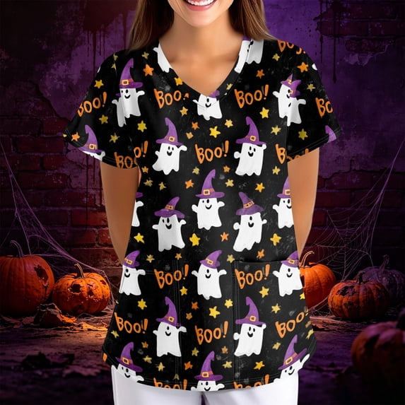 Halloween Scrub Tops Women,Scrub Tops Women Funny Pumpkin Print V Neck Short Sleeve Shirts Stretch Anti Wrinkle Nursing Uniform Black L
