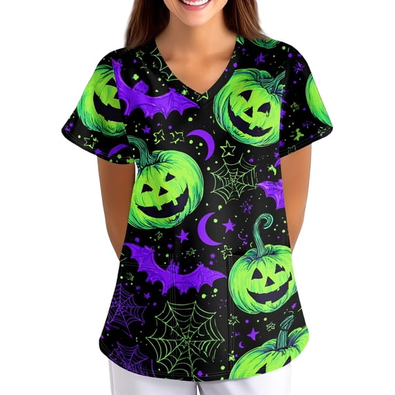 Halloween Scrub Tops Women,Scrubs for Women Ghost Stretch Short Sleeve V Neck Pattern Nurse Tops Fluorescent Green 2XL