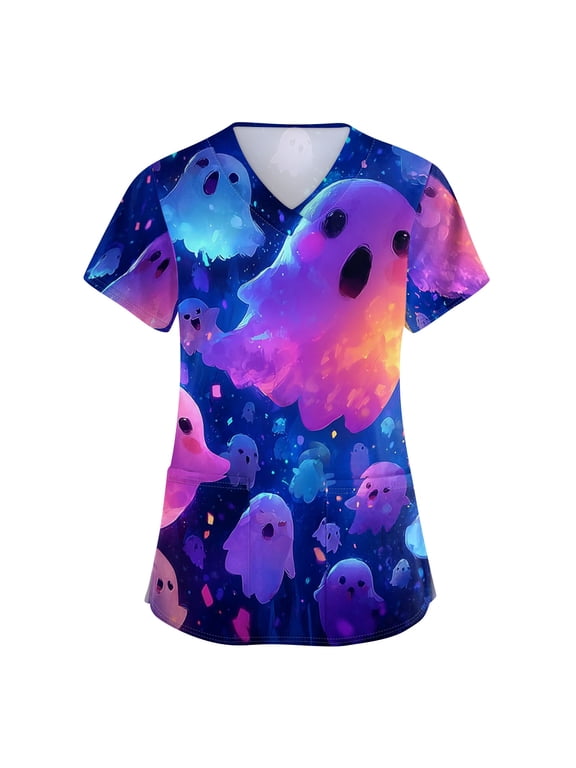 Halloween Scrub Tops Women Short Sleeve Funny Halloween Ghost Pumpkin Printed Horror Scrubs Spooky V Neck Scrub Shirts Nursing Uniform Medical Nurse Workwear with Pockets,S