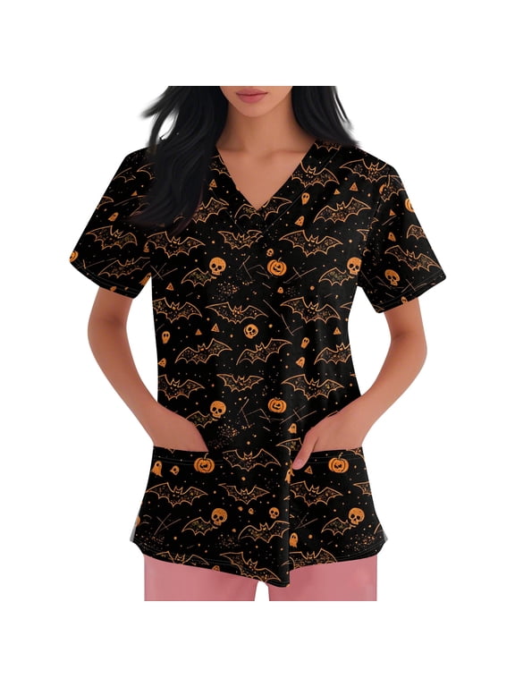 Halloween Scrub Tops Women Short Sleeve Spooky Halloween Ghost Pumpkin Printed Funny Scrub Shirts Horror V Neck Scrubs Nursing Workwear Medical Nurse Uniform with Pockets,XL