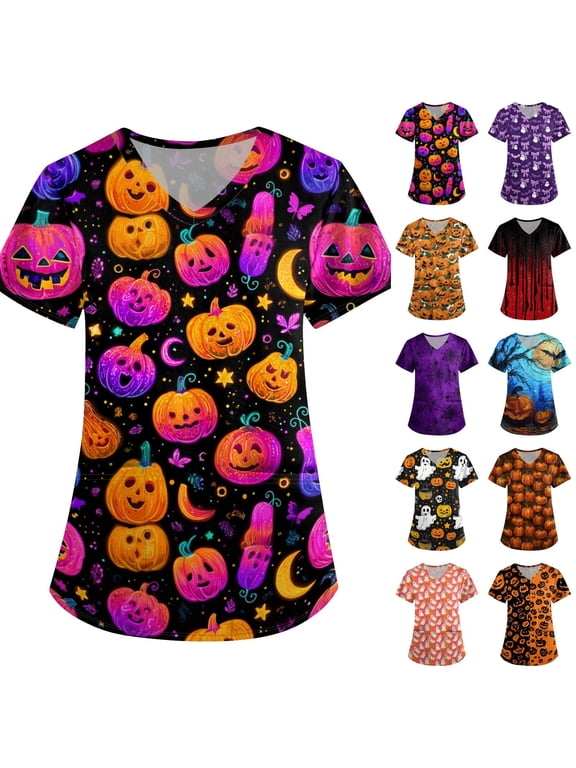 Halloween Scrub Tops for Women Spider Pumpkin Print V-Neck Casual Medical Scrub Shirts Witch Hat Graphic Short Sleeve Vintage Holiday Scrubs Top with Pockets S