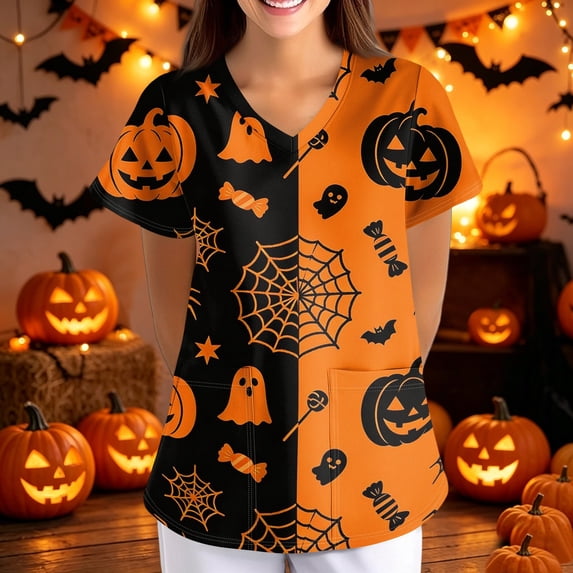 Halloween Scrub Tops Women Spider Web Pumpkin V Neck Plus Size Scrubs Tops Nursing Stretchy Holiday Short Sleeve Fashion Uniform Workwear With Pockets Fluorescence Yellow XL