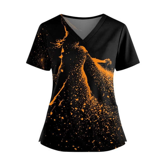 Halloween Scrub Tops Women V-Neck Short Sleeve Nurse Shirts Printed Medical Uniforms with Pockets 01-Black L