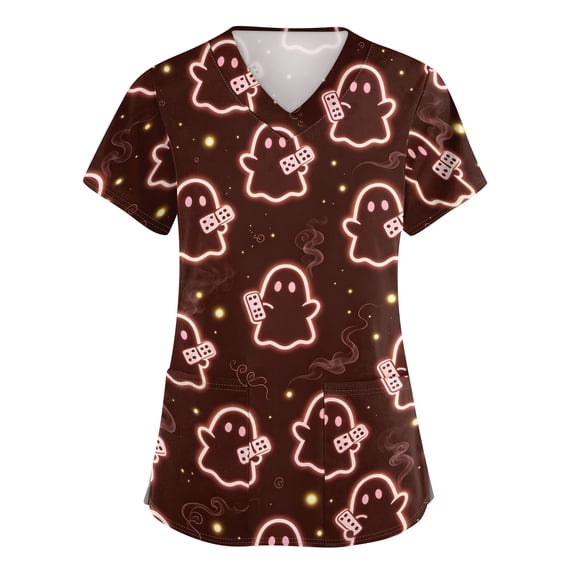 Halloween Scrub Tops Women V-Neck Short Sleeve Nurse Shirts Printed Medical Uniforms with Pockets 03-Coffee 3XL