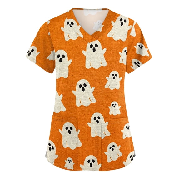 Halloween Scrub Tops Women V-Neck Short Sleeve Nurse Shirts Printed Medical Uniforms with Pockets 03-Saffron XXL