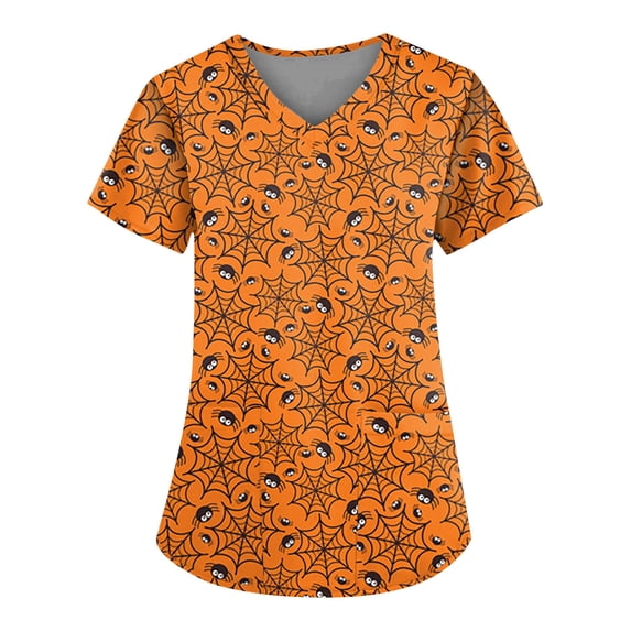Halloween Scrub Tops Women V Neck Short Sleeve Scrubs Horror Printed Nursing Uniforms with Pockets