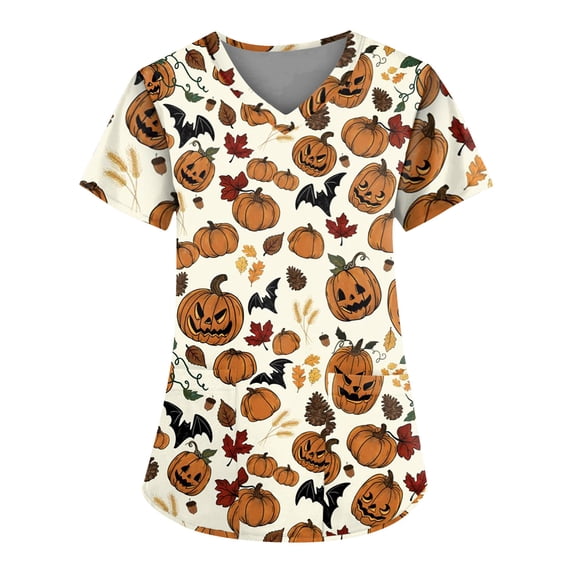 Halloween Scrub Tops Women V Neck Short Sleeve Scrubs Horror Printed Nursing Uniforms with Pockets