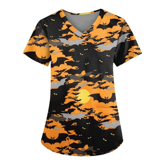 Halloween Scrub Tops Women V Neck Short Sleeve Scrubs Horror Printed Nursing Uniforms with Pockets