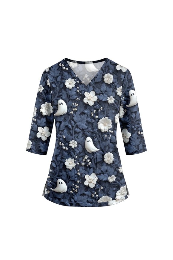 Halloween Scrub Tops Women V-Neck Short Sleeve Work Shirts, Halloween Medical Shirt with Pockets Blue S