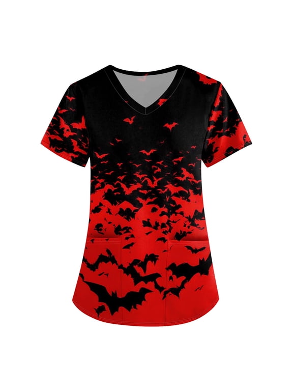 Halloween Scrub Tops Women V Neck Spooky Halloween Ghost Pumpkin Printed Horror Scrub Shirts Funny Short Sleeve Scrubs Nursing Workwear Medical Nurse Uniform with Pockets,2XL