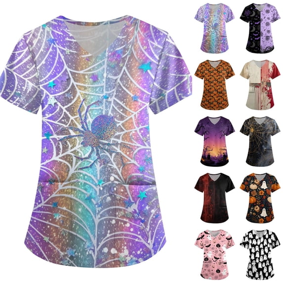 Halloween Scrub Tops for Women Witch Hat Ghost Graphic V-Neck Fall Medical Scrub Shirts Bat Print Short Sleeve Funny Holiday Scrubs Top with Pockets L