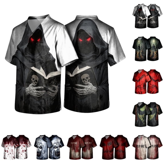 Halloween Scrub Tops for Men Bat Ghost Print V Neck Fall Scrub Shirts Candy Plus Size Short Sleeve Vintage Medical Uniforms with Pockets XL