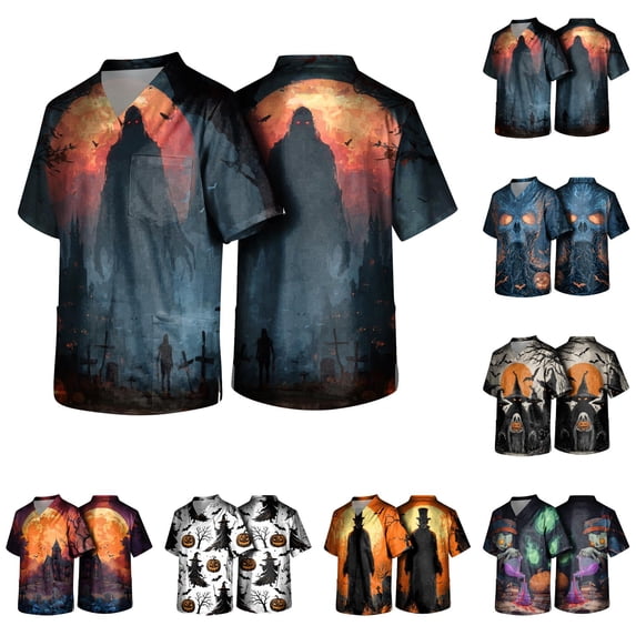 Halloween Scrub Tops for Men Castle Skeleton Plus Size Short Sleeve Scary Medical Uniforms Ghost Print V Neck Funny Scrub Shirts with Pockets M