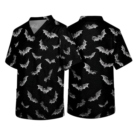Halloween Scrub Tops for Men Funny Ghost Bat Printed V-Neck Medical Shirt Tops Halloween Scrub Uniforms with Pockets