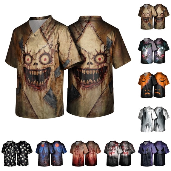 Halloween Scrub Tops for Men Ghost Pumpkin Print V Neck Casual Medical Uniforms Skeleton Plus Size Short Sleeve Fall Scrub Shirts with Pockets 5XL