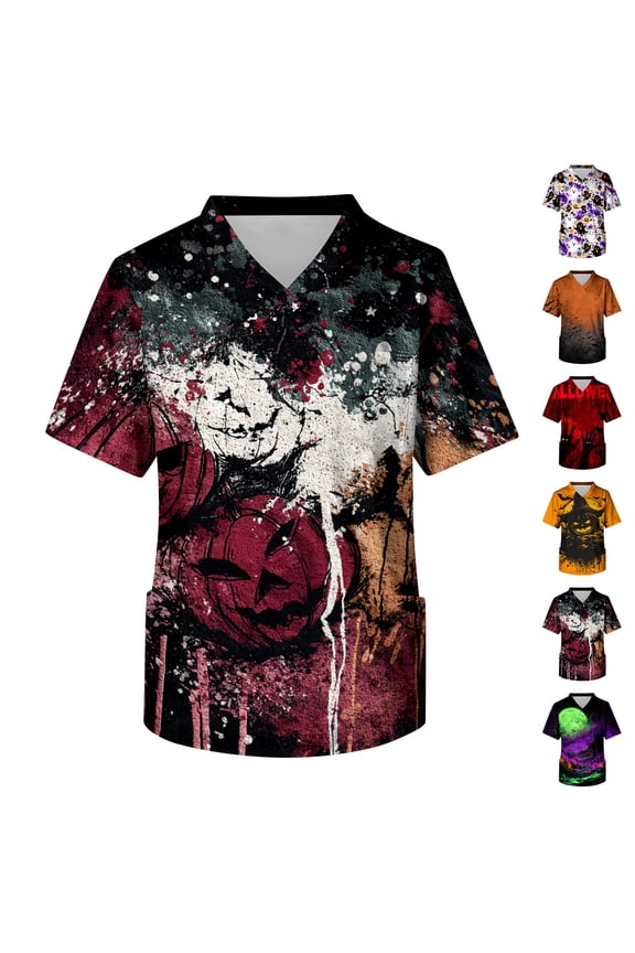 Halloween Scrub Tops for Men Short Sleeve V Neck Pumpkin Print Tees Stretch Wrinkle-Resist Nurse Medical Uniform, S