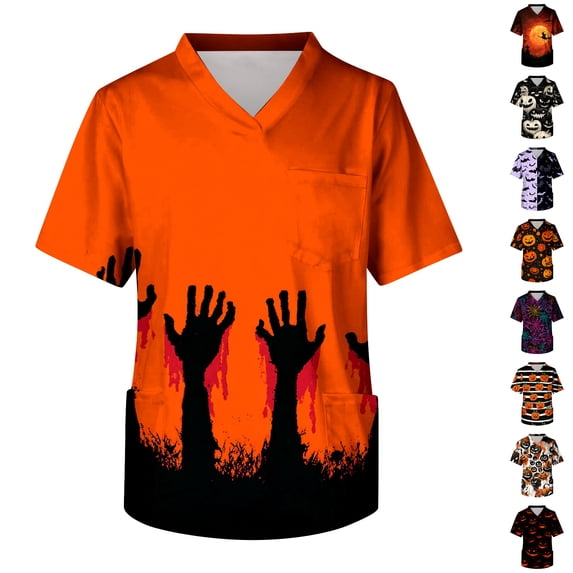 Halloween Scrub Tops for Men Spider Bat Print Short Sleeve Spooky Scrub Shirts Candy Plus Size V Neck Casual Medical Uniforms with Pockets XL