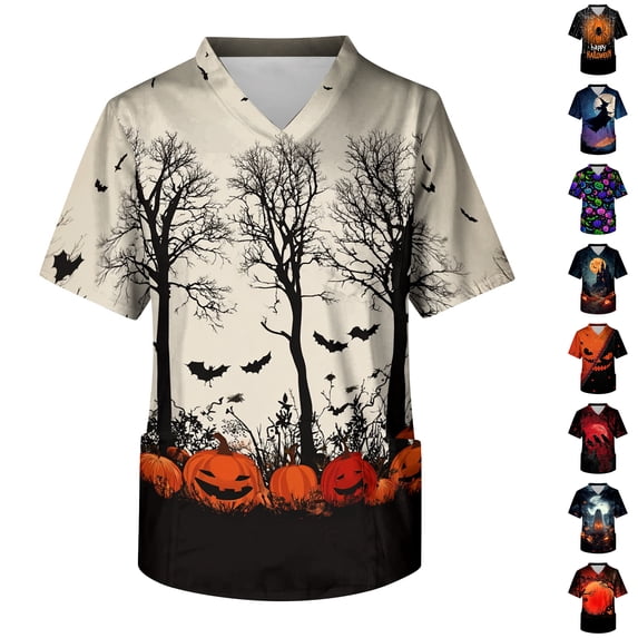 Halloween Scrub Tops for Men Witch Hat Candy Plus Size V Neck Funny Scrub Shirts Ghost Print Short Sleeve Casual Medical Uniforms with Pockets 5XL