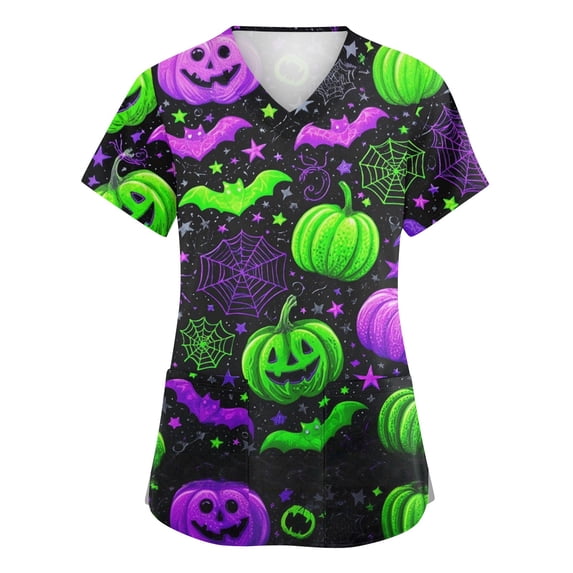 Halloween Scrub Tops for Woman Funny Print Plus Size Scrubs,Womens Stretchy Nursing Pediatric Uniforms Shirts with Pockets