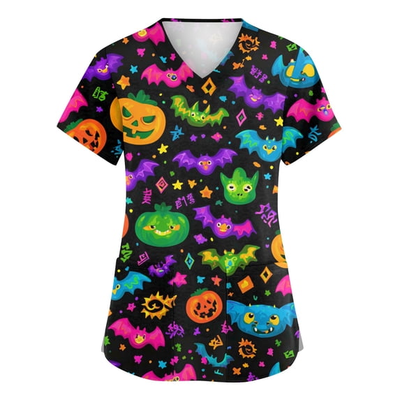 Halloween Scrub Tops for Woman Funny Print Plus Size Scrubs,Womens Stretchy Nursing Pediatric Uniforms Shirts with Pockets