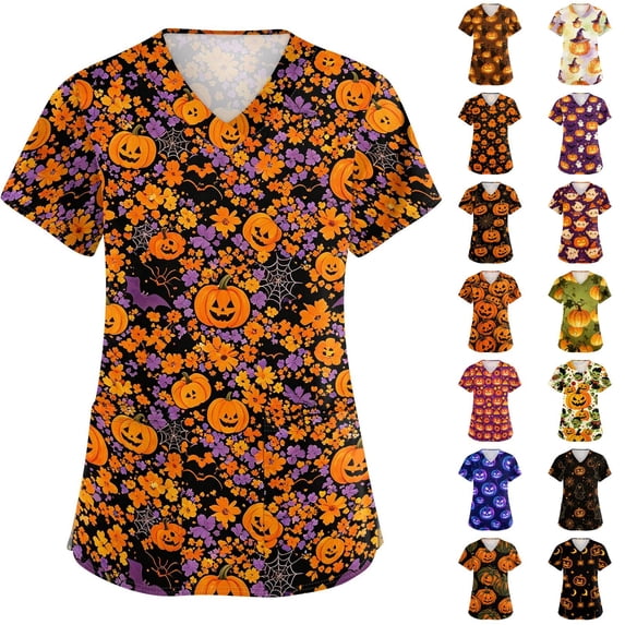 Halloween Scrub Tops for Women Candy Bat Print V-Neck Fashion Scrub Shirts Ghost Graphic Short Sleeve Medical Uniforms with Pockets L