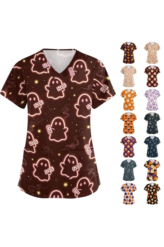 Halloween Scrub Tops for Women Candy Castle Graphic V-Neck Horror Scrub Shirts Bat Print Short Sleeve Medical Uniforms with Pockets M