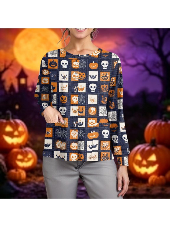Halloween Scrub Tops for Women Candy Skull Button Down Spooky Medical Scrubs Spider Web Bat Horror Long Sleeve Medical Uniform, 4XL