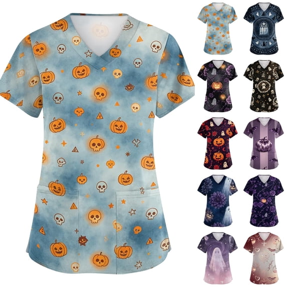 Halloween Scrub Tops for Women Castle Spider Graphic V-Neck Cute Scrub Shirts Skeleton Print Short Sleeve Medical Uniforms with Pockets 5XL
