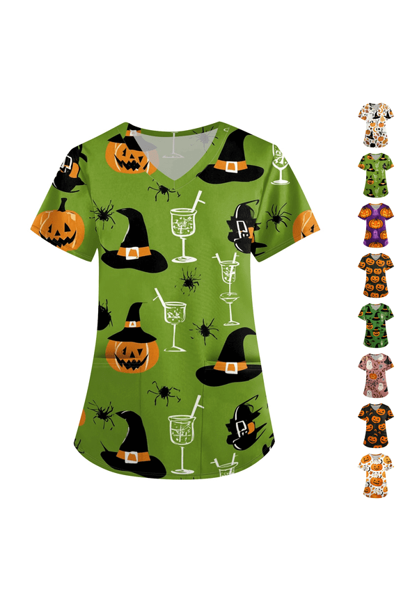 Halloween Scrub Tops for Women Casual Short Sleeve Crewneck Funny Pumpkin Face Print Loose Tunic Blouse Green 2XL