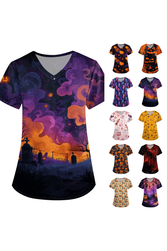 Halloween Scrub Tops for Women Casual Short Sleeve Crewneck Funny Pumpkin Face Print Loose Tunic Blouse Navy 4XL