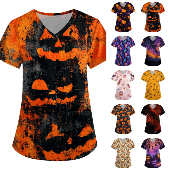 Halloween Scrub Tops for Women Casual Short Sleeve Crewneck Funny Pumpkin Face Print Loose Tunic Blouse Red XL