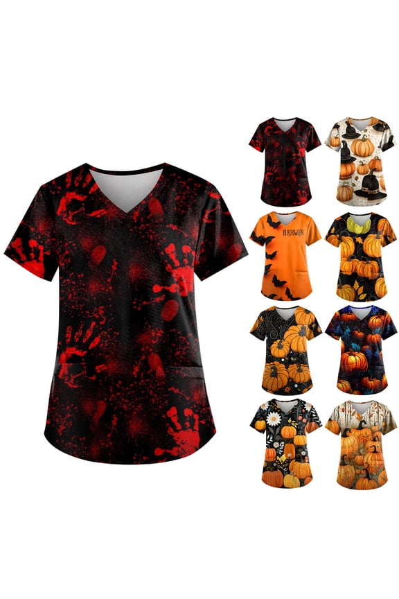 Halloween Scrub Tops for Women Nursing Uniforms Medical Shirts Gold 2XL