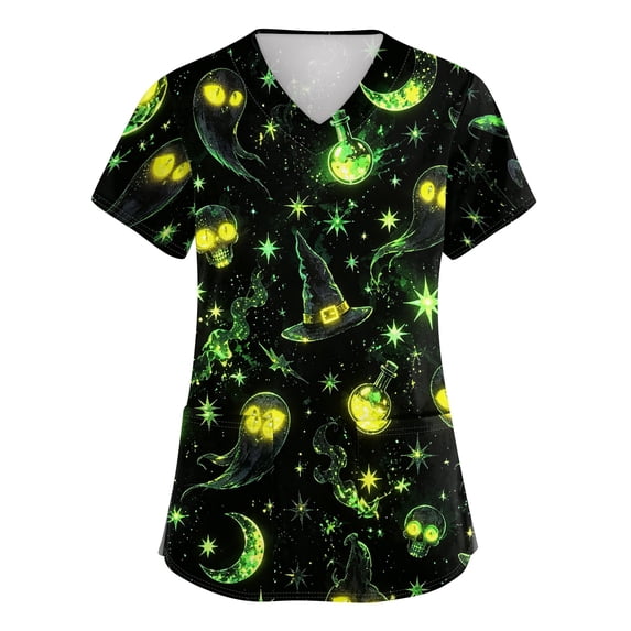 Halloween Scrub Tops for Women Short Sleeve Vneck Stretch Holiday Scrub Shirt Cute Animal Print Nursing Workwear with 2 Pockets 01-Dark Green XL