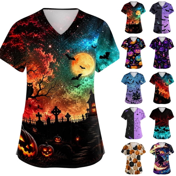 Halloween Scrub Tops for Women Spider Candy Graphic Short Sleeve Scary Medical Scrub Shirts Bat Print V-Neck Fall Holiday Scrubs Top with Pockets XL
