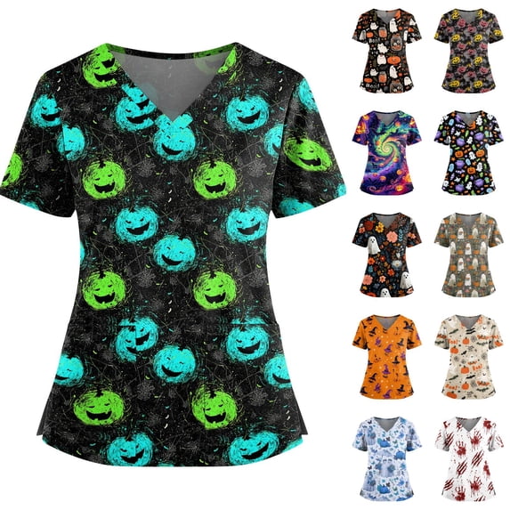 Halloween Scrub Tops for Women V Neck Short Sleeve Hospital Healthcare Worker Shirts Pumpkin Print Medical Tunic with Pockets Khaki 5XL