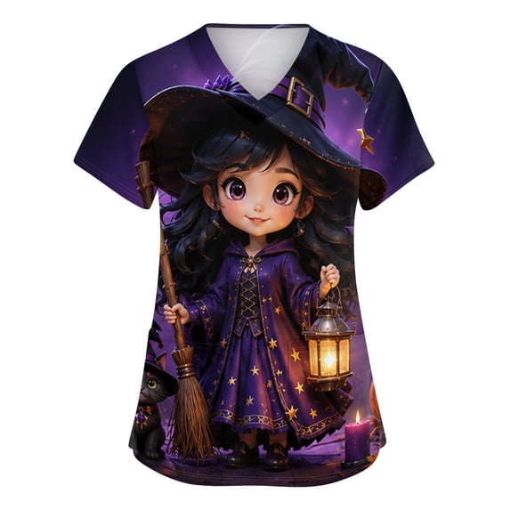 Halloween Scrub Tops for Women V-Neck Short Sleeve Shirts Witch Scrub Top With Pockets, L