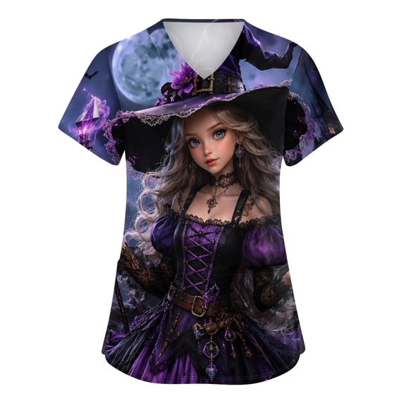 Halloween Scrub Tops for Women V-Neck Short Sleeve Shirts Witch Scrub Top With Pockets, M