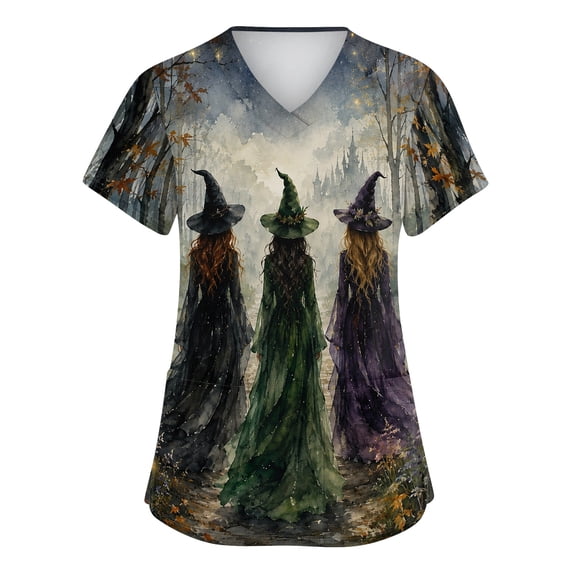 Halloween Scrub Tops for Women V-Neck Short Sleeve Shirts Witch Scrub Top With Pockets, S