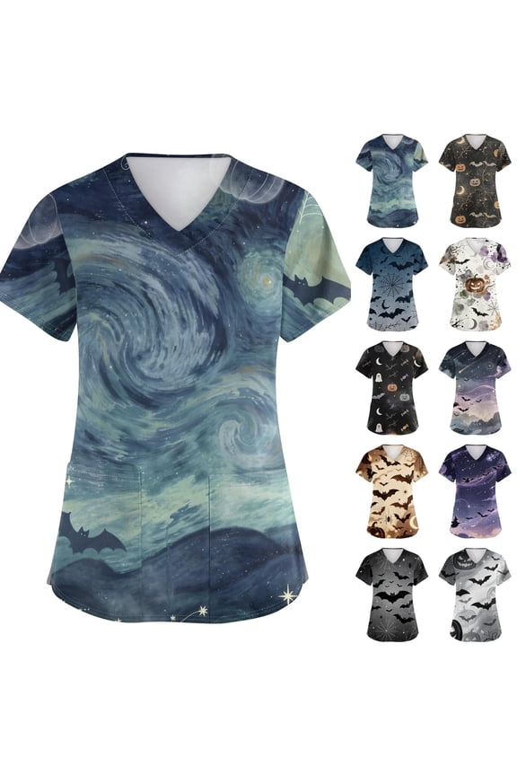 Halloween Scrub Tops for Women Witch Hat Castle Print V-Neck Spooky Scrub Shirts Bone Graphic Short Sleeve Medical Uniforms with Pockets 2XL