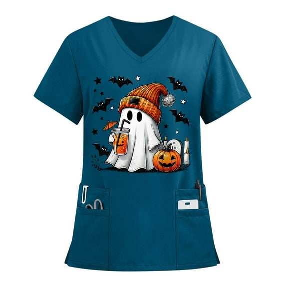 Halloween Scrubs, Classic Fit V-Neck Short Sleeve Scrub Top Anti-Wrinkle Workwear Medical Tops Women Plus Size Fun Printed Scrubs Soft Knit Nurse Uniform Shirts Professionals Green L