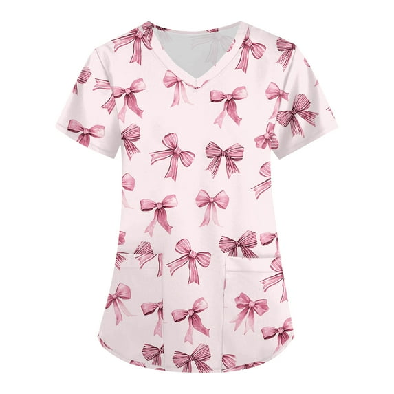 Halloween Scrubs, Medical Uniforms with Dual Pockets Cotton Hemp Blend Uniform Short Sleeve V-Neck Scrub Top Bow Print Healthcare Workwear Womens Nursing Tops Christmas Nurse Pink 4Xl