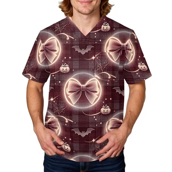 Halloween Scrubs Top for Men Novelty Pumpkin Printed V-Neck Short Sleeve Scrub Top Halloween Scrub Working Uniforms