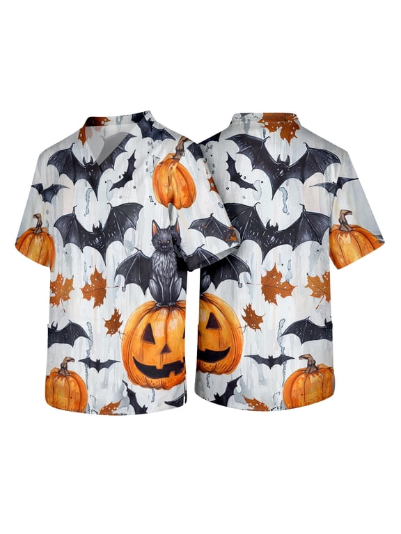Halloween Scrubs Tops for Men Short Sleeve V Neck Funny Bat Pumpkin Print Shirts Nursing Working Uniform Halloween Stretch Nursing Medical Scrubs Shirts