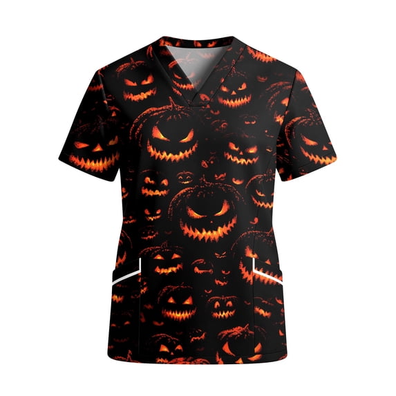Halloween Scrubs for Women Halloween Pumpkin V Neck Cute Scrub Shirts Nursing Scrubs Stretch Fitted Summer Holiday Short Sleeve Party Uniform Workwear With Pockets Yellow XL