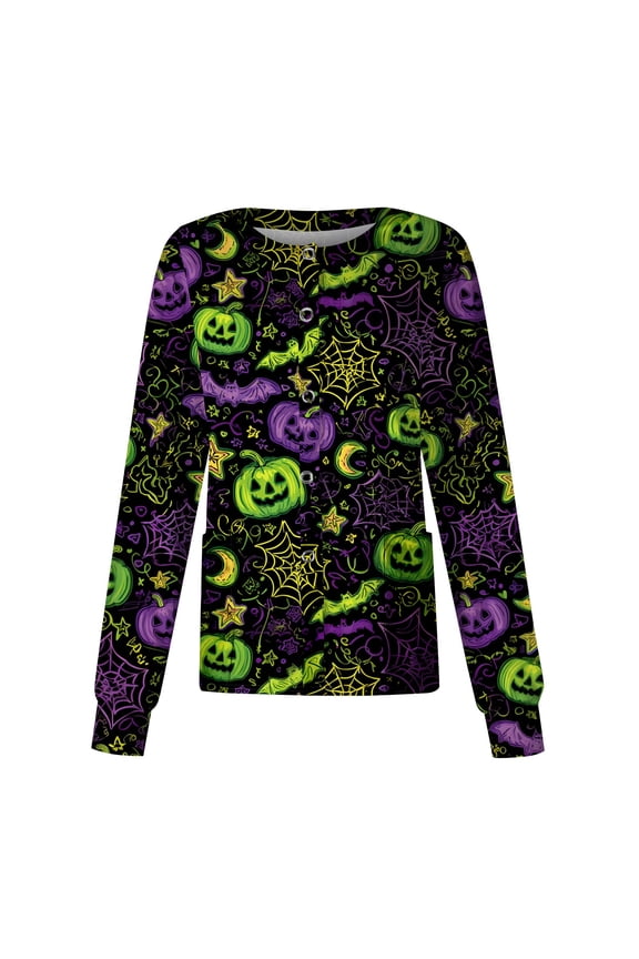 Halloween Scrubs for Women Long Sleeve Snap Front Plus Size Medical Uniforms Funny Halloween Pumpkin Scrub Jackets Soft Comfy Nursing Jacket Green 4XL