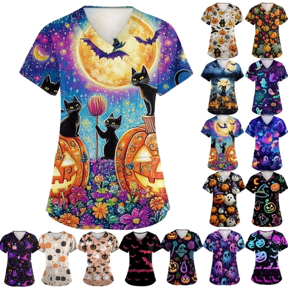 Halloween Scrubs for Women Plus Size Halloween Party Graphic Nurse Working Uniforms Fashion V-Neck Scrub Shirt Holiday Short Sleeve Medical Workwear with Pockets Purple 2XL
