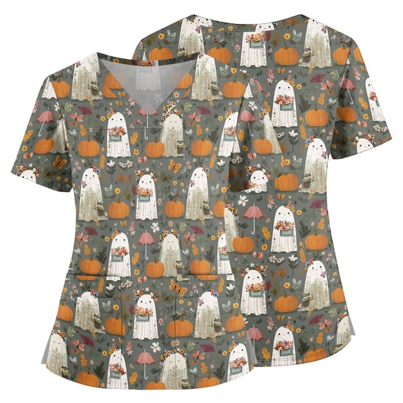 Halloween Scrubs for Women Premium Beach Nurse Working Uniforms Trendy V Neck Cartoon Ghost Side Slits Scrub Shirt Ultra Soft Short Sleeve Tees Blouse with Pockets Dark Gray L